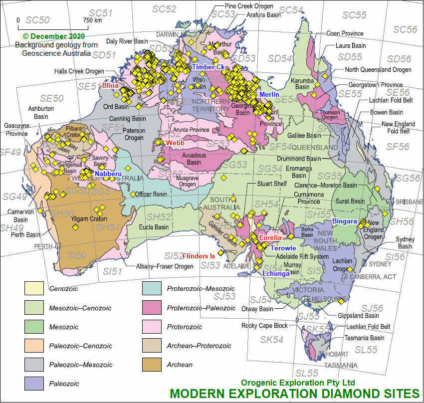 Australian geology map showing location of diamonds recovered 
during modern exploration by various companies.