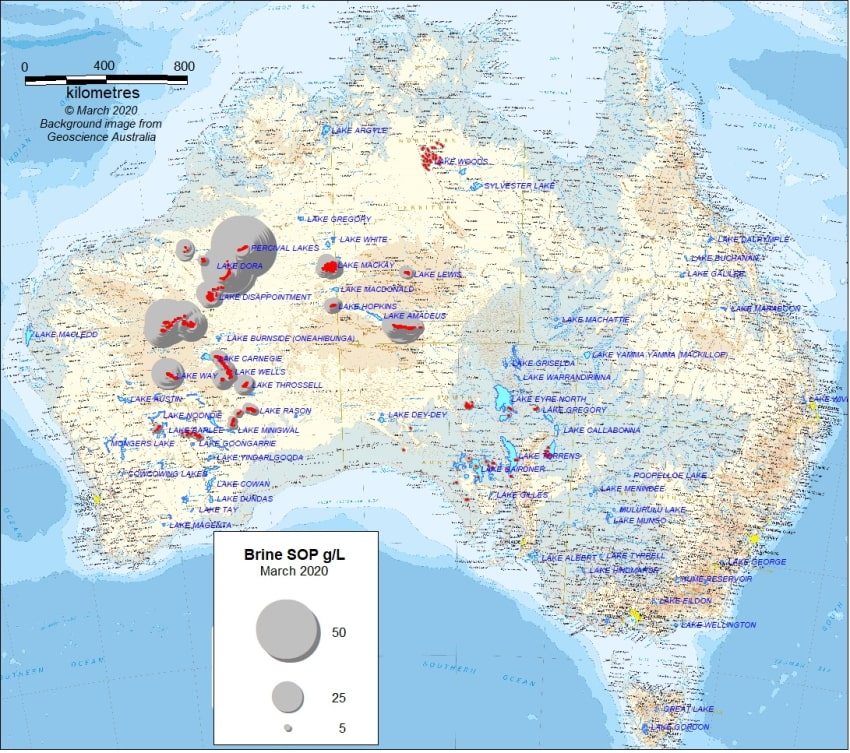 Red dots are individual brine water analyses across Australia and the size of the underlying grey circle represents the SOP concentrations (in g/L).