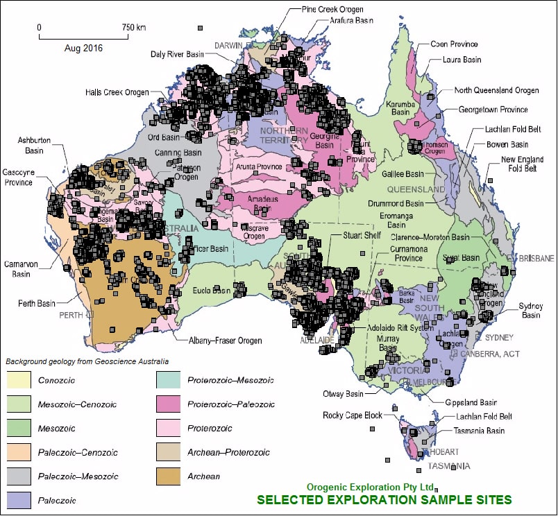 Selected diamond exploration samples across Australia