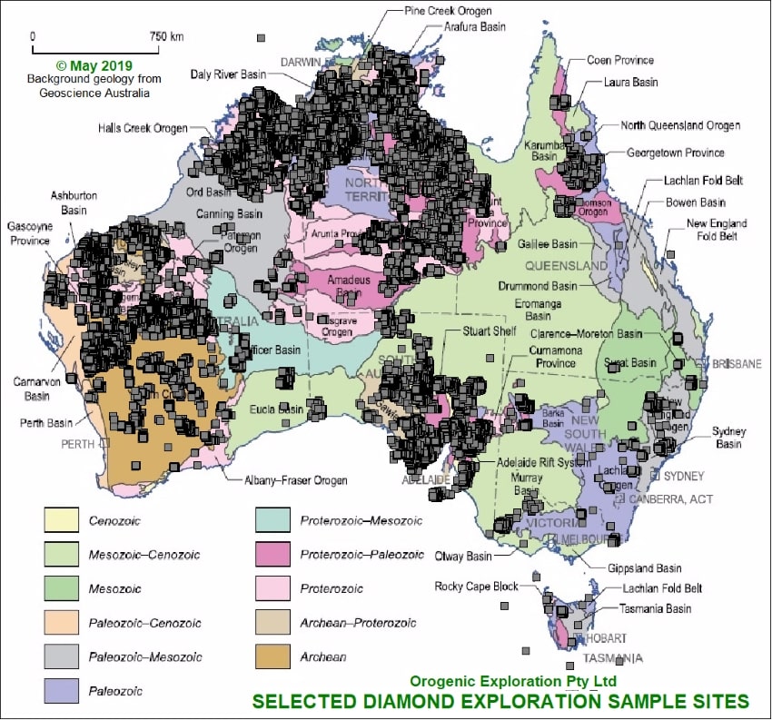 Australian geology map showing location of modern 
diamond exploration samples.