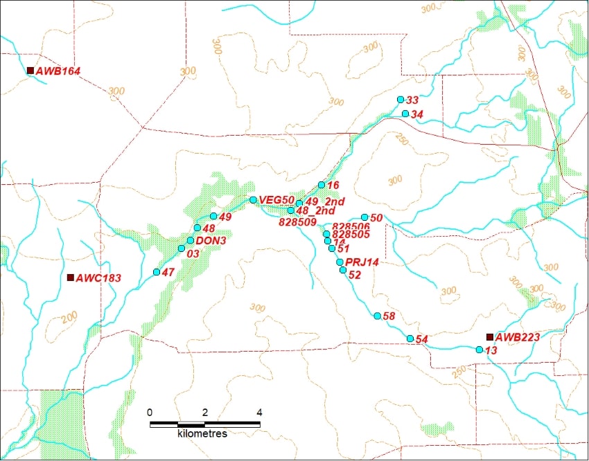 Same area as historical diamond exploration sampling map above with samples from Orogenic Explorations diamond database.