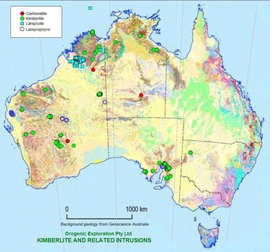 Selected kimberlite and related intrusions in Australia.