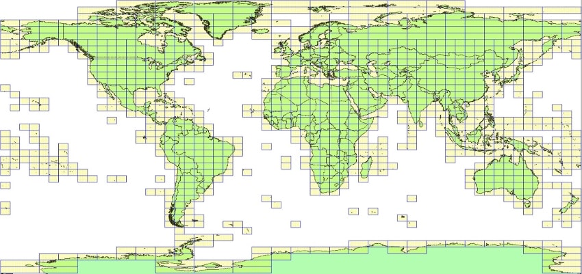 World map showing all IMW map sheet. With this world 
projection maps closer to the north and south poles 
appear elongated east-west.