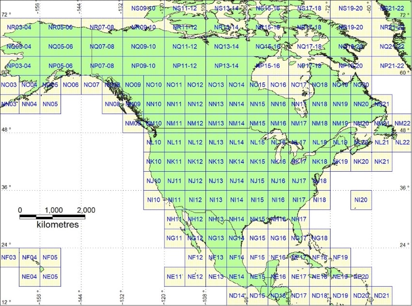 International Map of the World map sheets over North America 
showing an example of the numbering index system used.