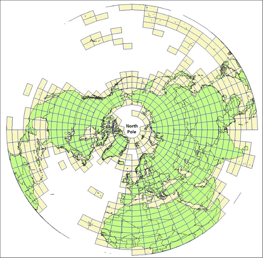 World map looking down over the north pole showing IMW 
map sheets. This world projection shows how meridian lines 
(or lines of longitude) which define the sides of the map 
sheets converge as they get closer to the poles.